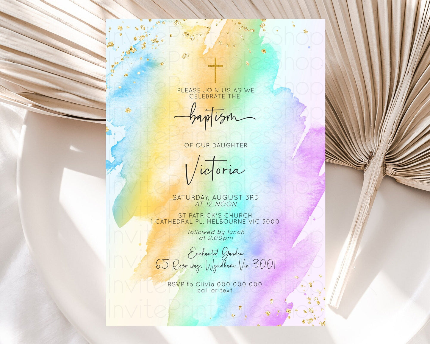 Pastel Baptism Invitation Pastel Colors Watercolor Baptism 1st Birthday Party Gold Ombre Pastel Rainbow Christening Holy Communion D10425