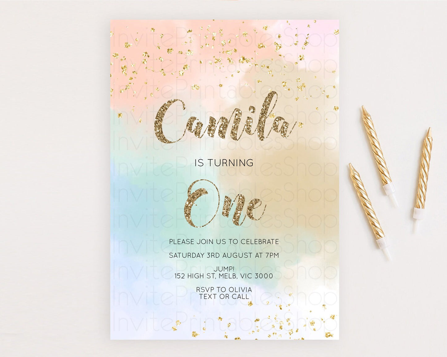 Rainbow Birthday Invitation Colorful Pastel Watercolor Invitation Gold Glitter Sprinkles Ombre Pastel 1st 2nd 3rd Birthday D10377