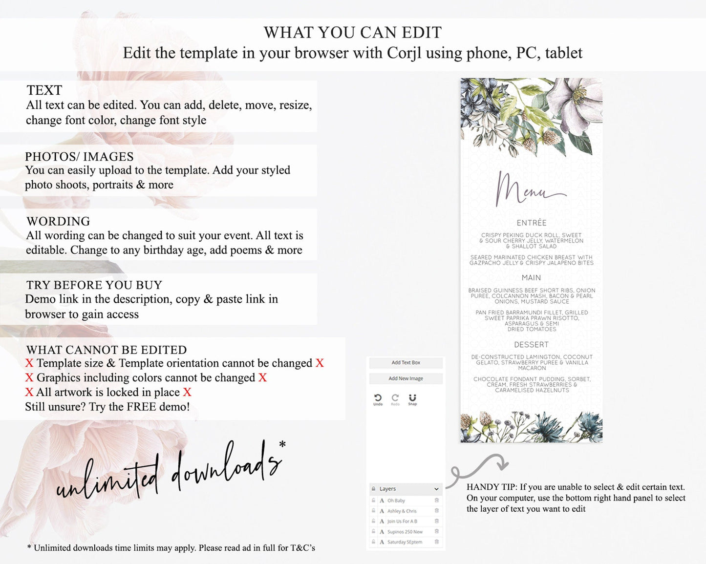 Secret Garden Menu Wildflower Menu Template Pastel Flower Garden Table Decor Boho Floral Dinner Dessert Floral Party Food Menu D10501