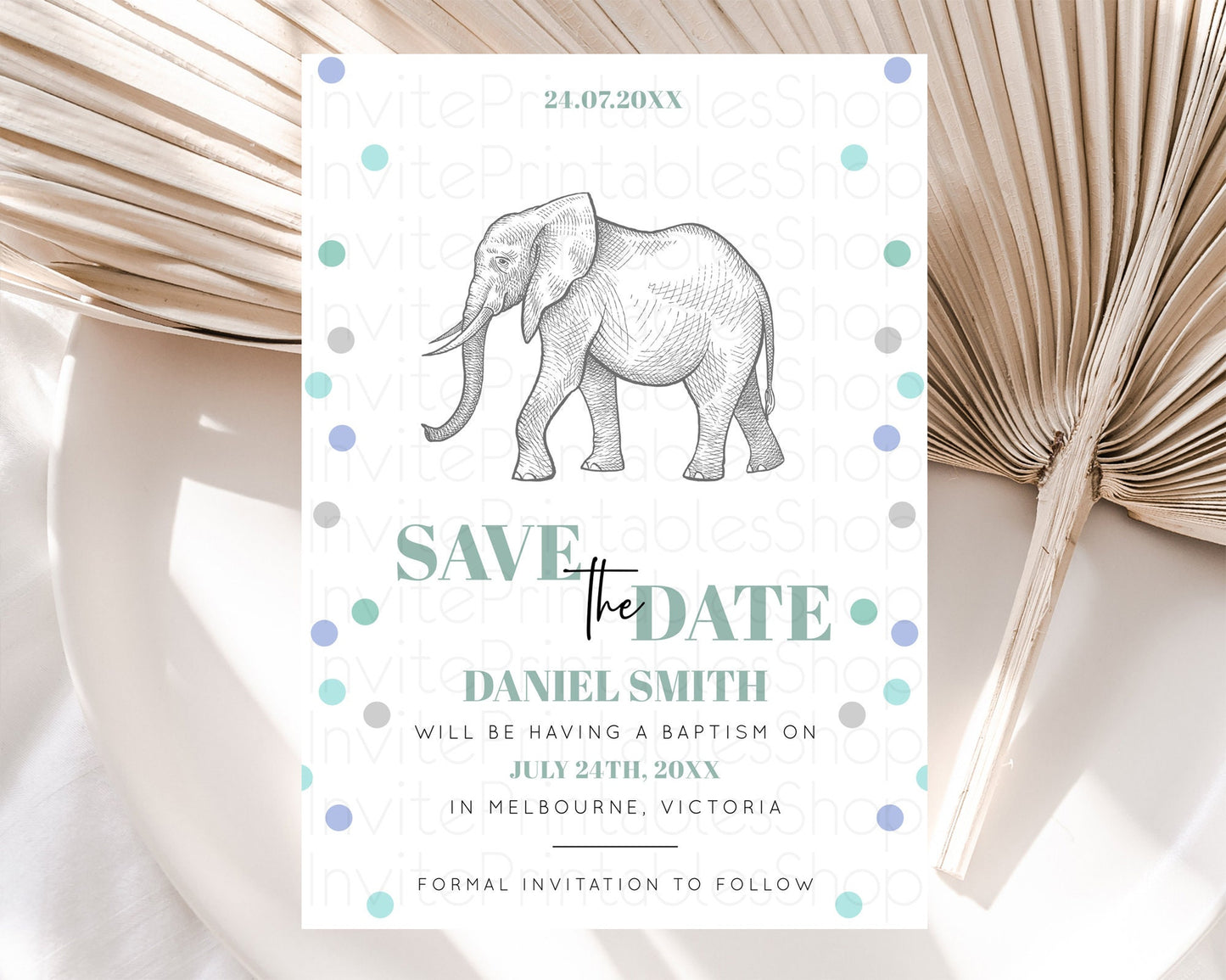 Elephant Save The Date Template Elephant Safari Adventure Party Dried Palm Fern Zoo 1st Birthday Baptism Baby Shower Bridal Shower D10859