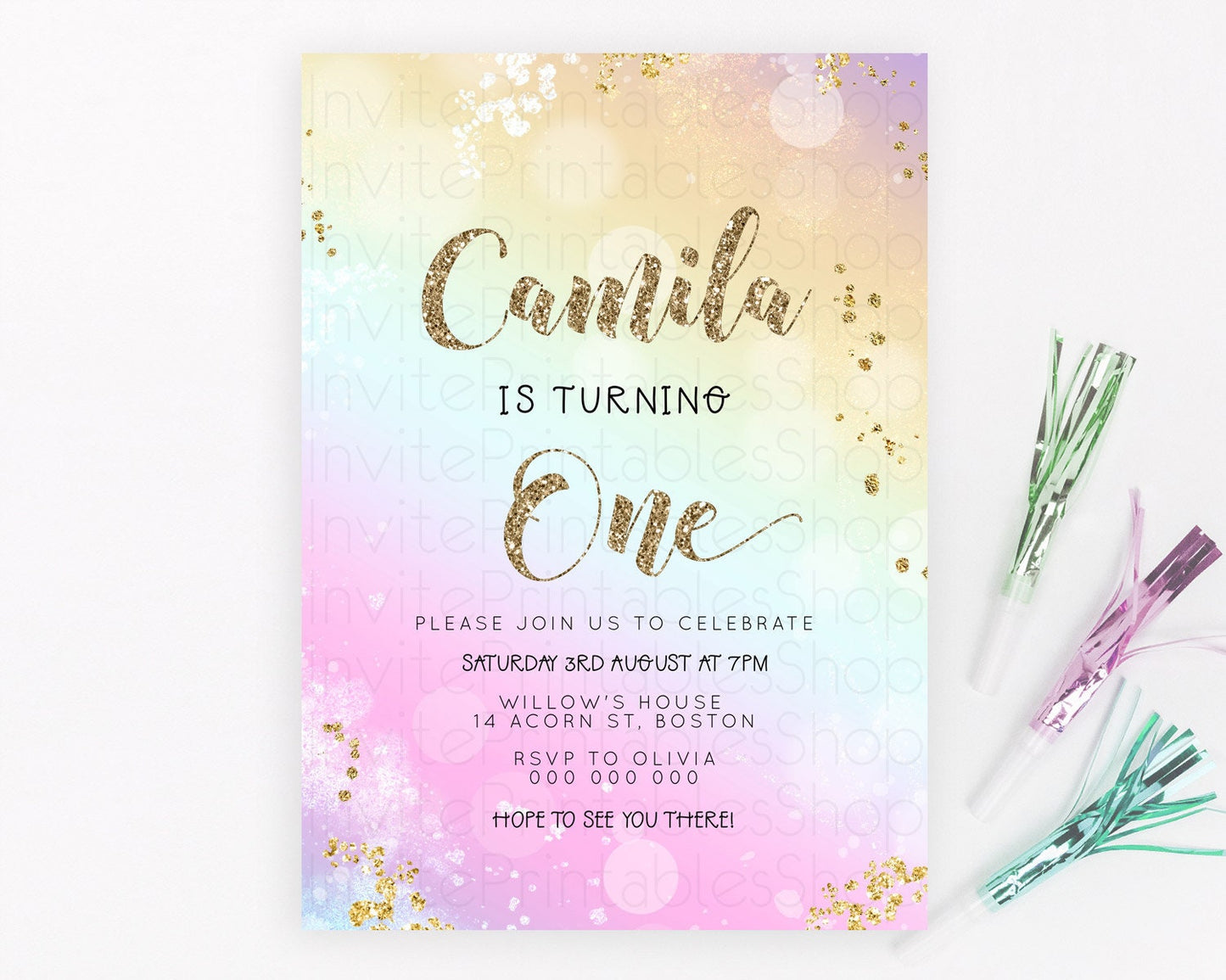 Rainbow Birthday Invitation Colorful Pastel Watercolor Invitation Gold Glitter Sprinkles Ombre Pastel 1st 2nd 3rd Birthday D23120