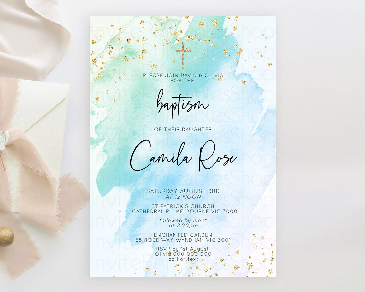 Blue Baptism Invitation Blue Watercolor Baptism 1st Birthday Invitation Pastel Blue Watercolor Christening Invite Blue Splash D10168