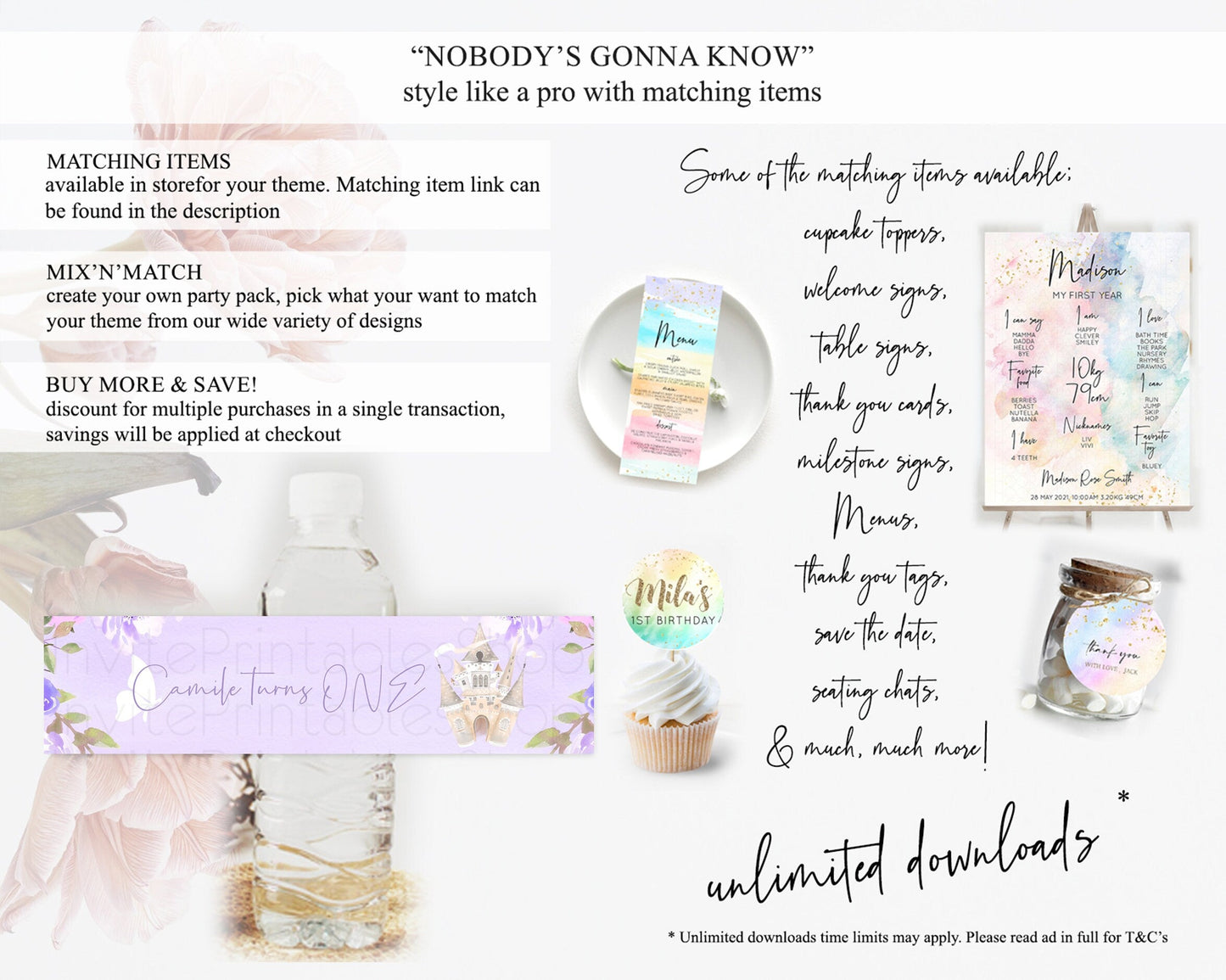 Princess Water Label Template Secret Garden Enchanted Castle Pastel Floral Royal Party Decor For 1st Birthday Baptism Baby Shower D10339