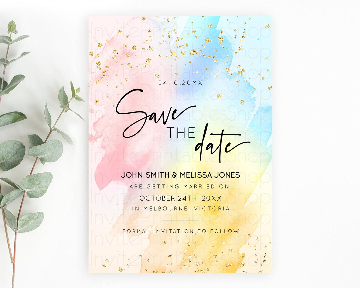 Pastel Save The Date Template Pastel Ombre Rainbow Watercolor Colorful Party For Birthday Baptism Baby Shower Wedding Bridal Shower D10557