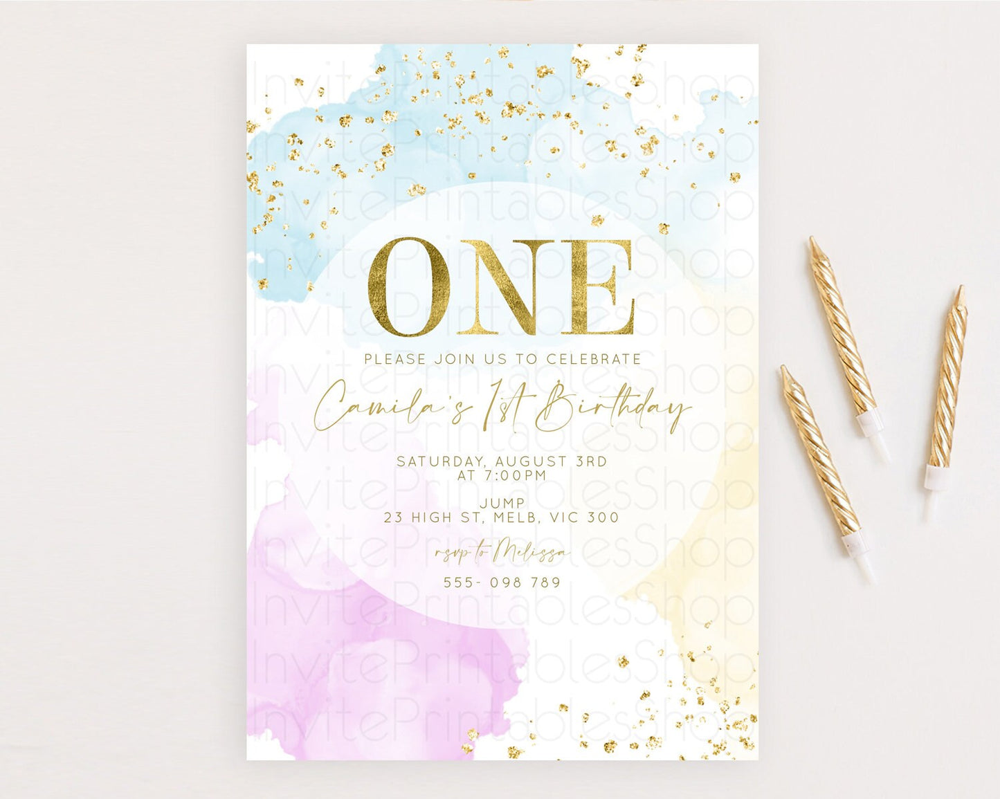 Rainbow Birthday Invitation Colorful Pastel Watercolor Invitation Gold Glitter Sprinkles Ombre Pastel 1st 2nd 3rd Birthday D10204