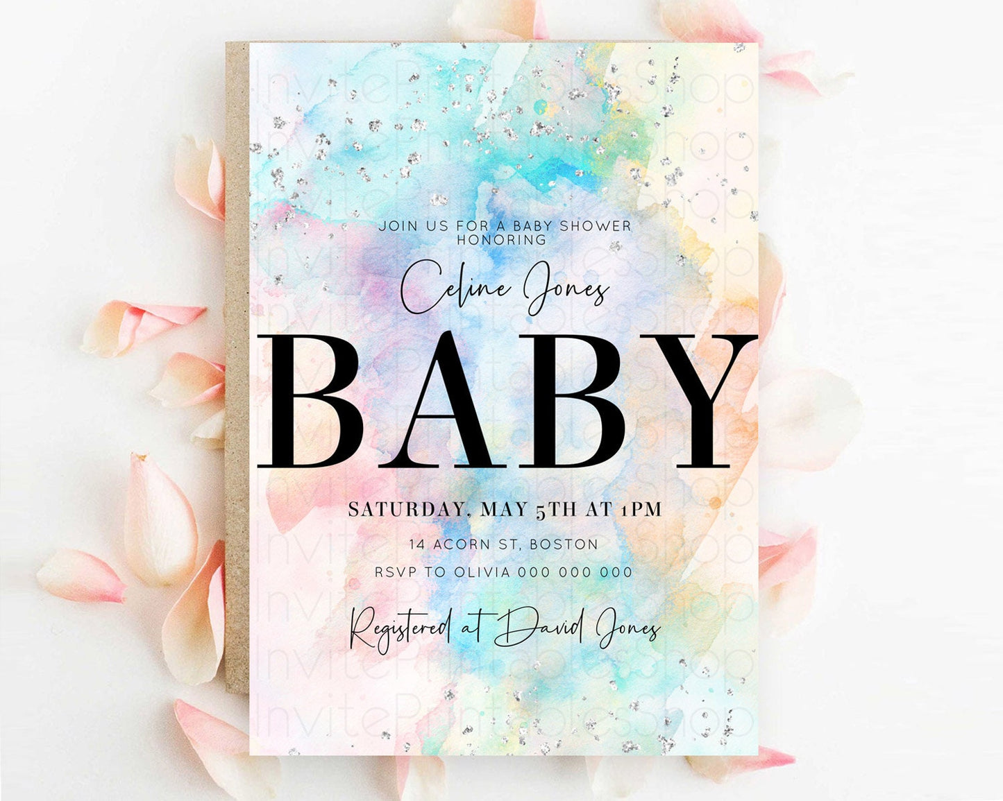 Pastel Rainbow Baby Shower Invitation, Pastel Watercolor, Colorful Ombre Splash with Silver Sprinkles- Teal Blue, Orange, Yellow Pink D11031