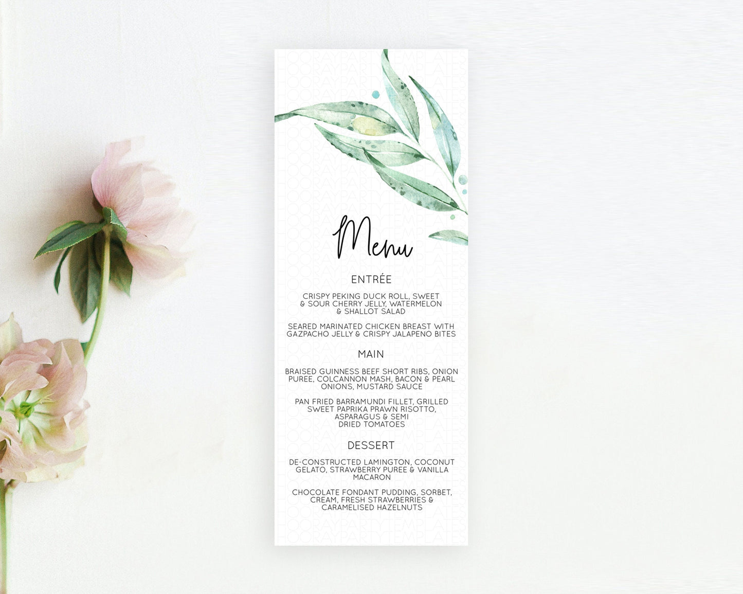 Leafy Menu Green Leaf Menu Template Eucalyptus Fern Leaves Decor Watercolor Boho Garden Leaf Branch Dinner Dessert Party Food Menu D11014