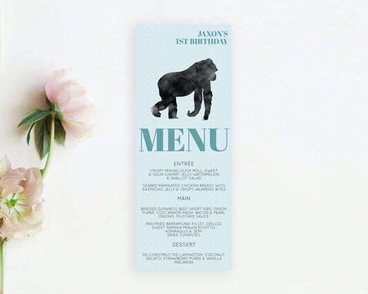 Gorilla Menu Gorilla Menu Template Gorilla Table Decor Safari Forest Adventure Decor Wild Gorilla Dinner Dessert Party Food Menu D10799