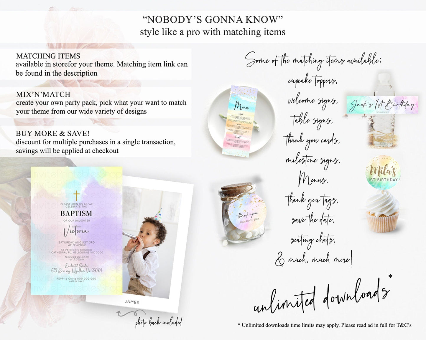 Pastel Baptism Invitation Pastel Colors Watercolor Baptism 1st Birthday Party Gold Ombre Pastel Rainbow Christening Holy Communion D10617
