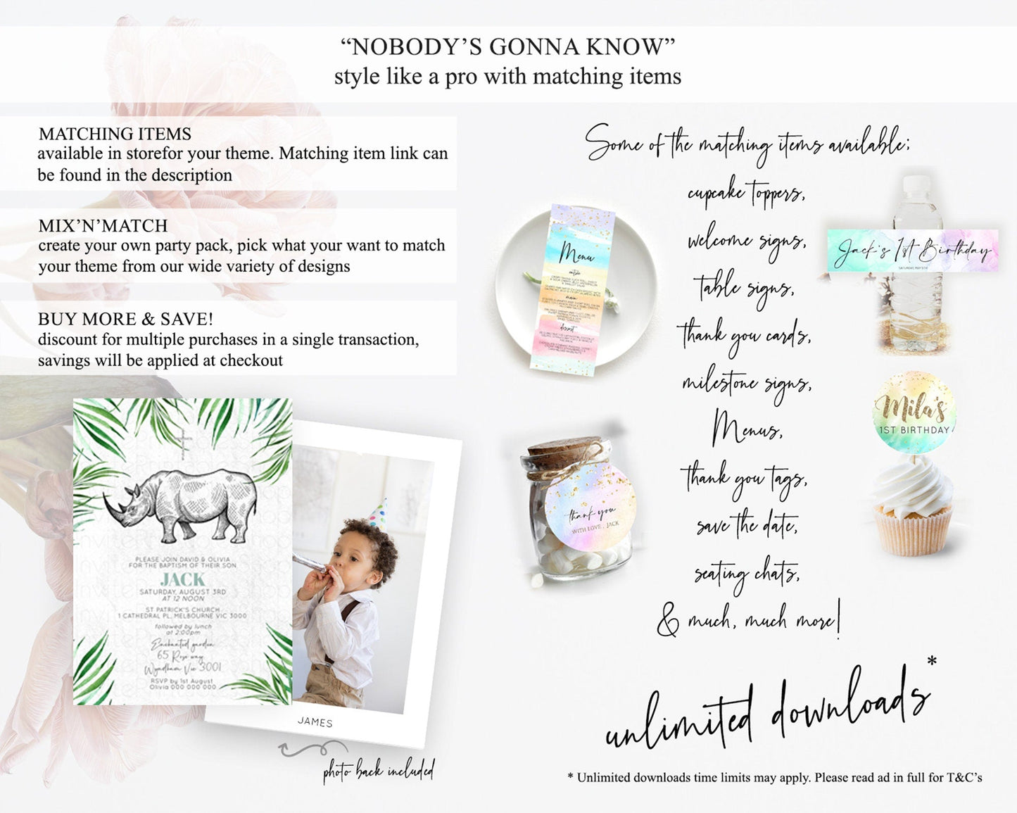 Rhino Baptism Invitation Rhino Baptism 1st Birthday Invitation Rhino Safari Adventure Christening Invitation Palm Leaf Invite Zoo D10848