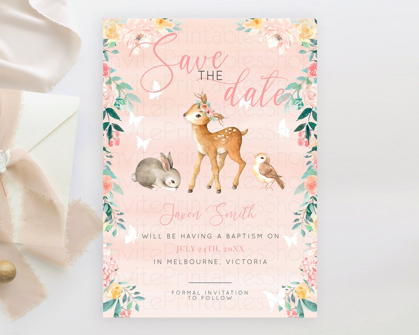 Fawn Deer Save The Date Template Pastel Floral Deer Enchanted Forest Butterfly Party 1st Birthday Baptism Baby Shower Bridal Shower D10921