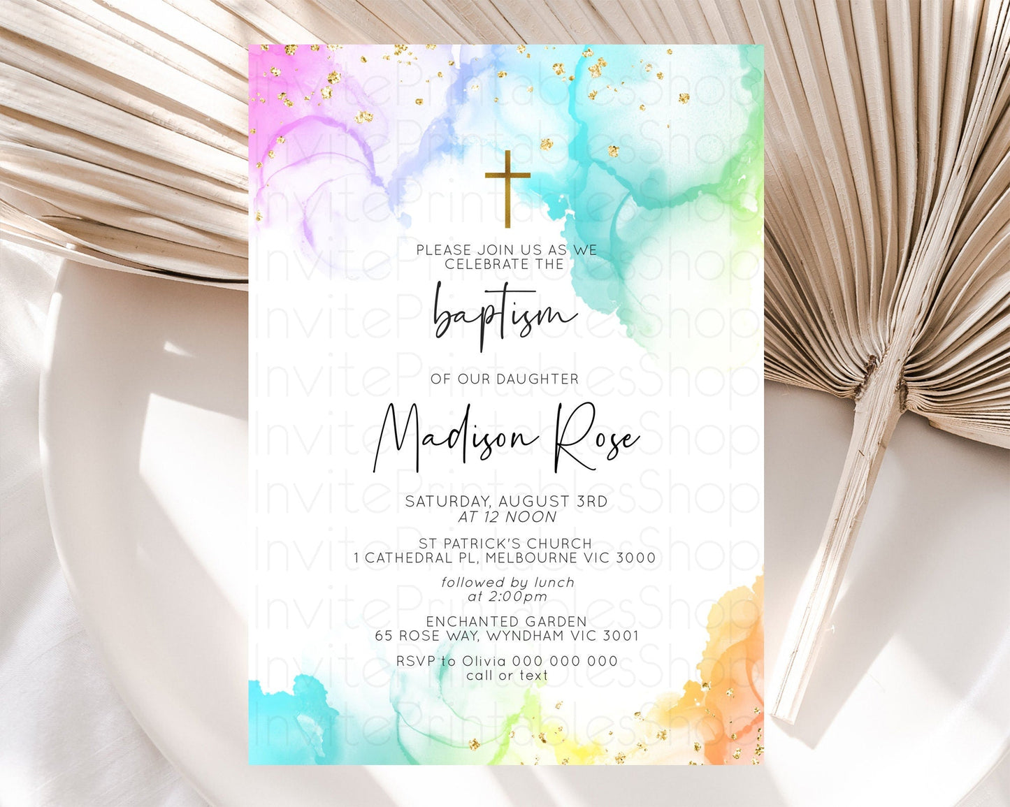 Pastel Baptism Invitation Pastel Colors Watercolor Baptism 1st Birthday Party Gold Ombre Pastel Rainbow Christening Holy Communion D10181