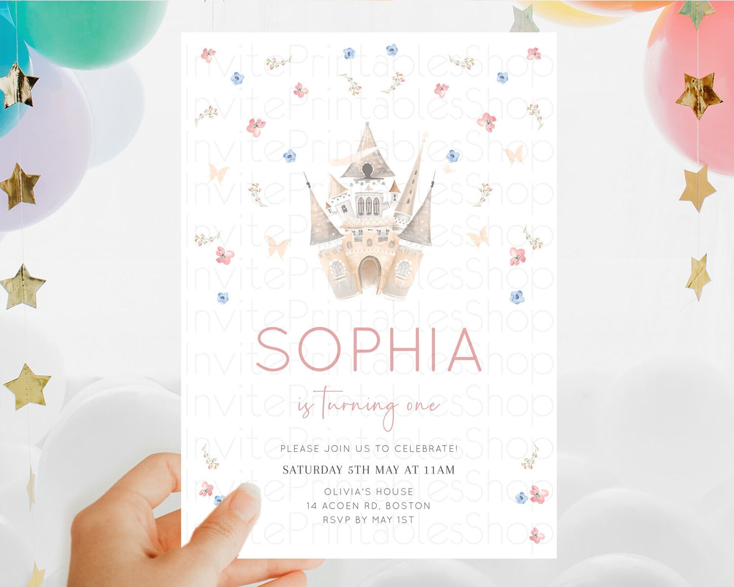 Princess Birthday Invitation Castle Invitation Royal Birthday Fairy Tale Enchanted Castle Pastel Floral Garden 1st First Birthday D10364