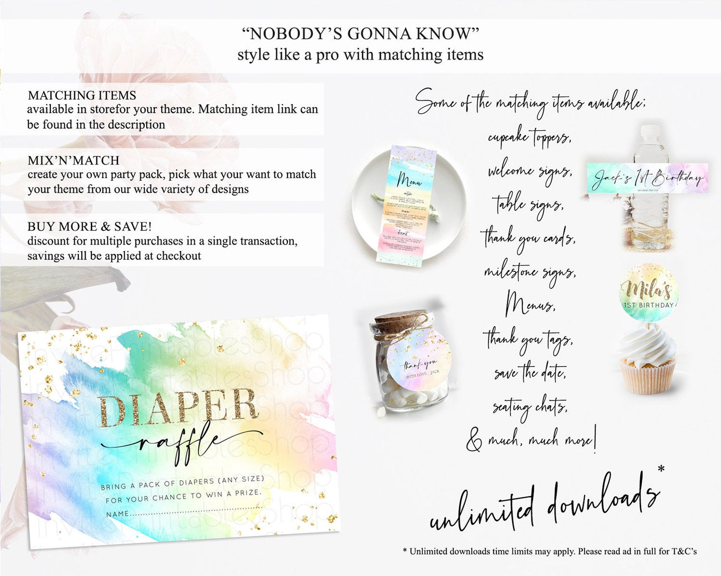 Pastel Diaper Raffle Card Pastel Rainbow Diaper Raffle Insert Colorful Ombre Watercolor Diaper Ticket Confetti Glitter Raffle Game D11028