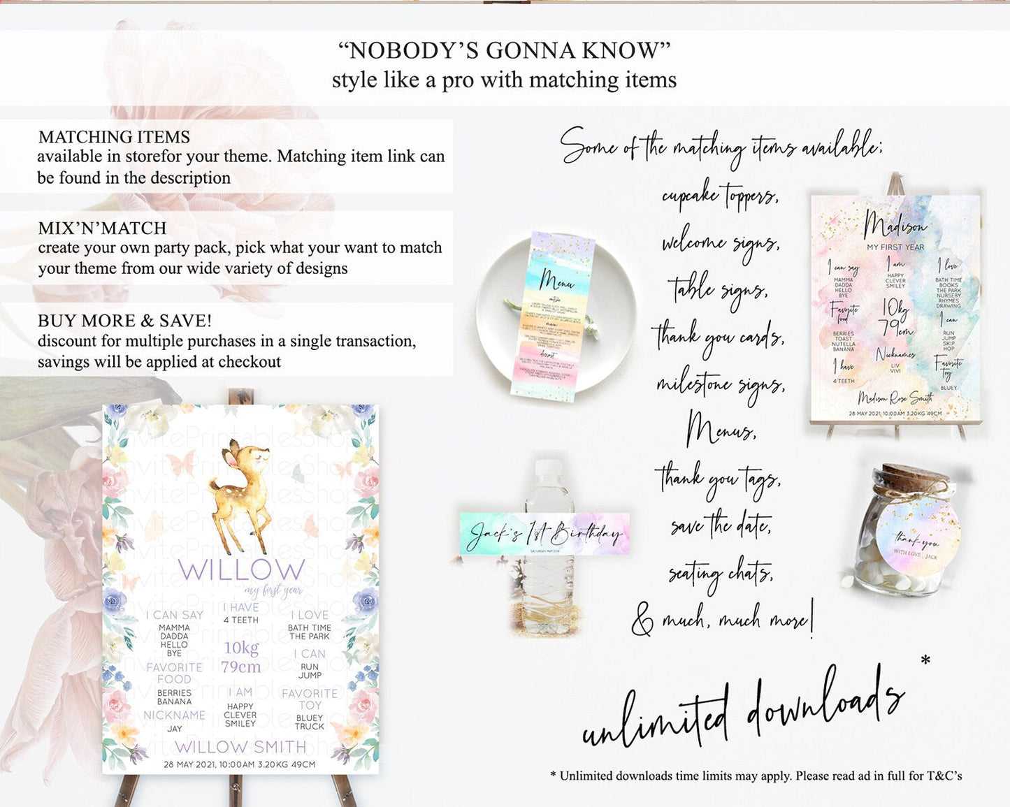 Fawn First Birthday Milestone Board Deer First Birthday Milestone Poster Enchanted Forest Butterfly Pastel Flowers 1st Birthday Sign D11001