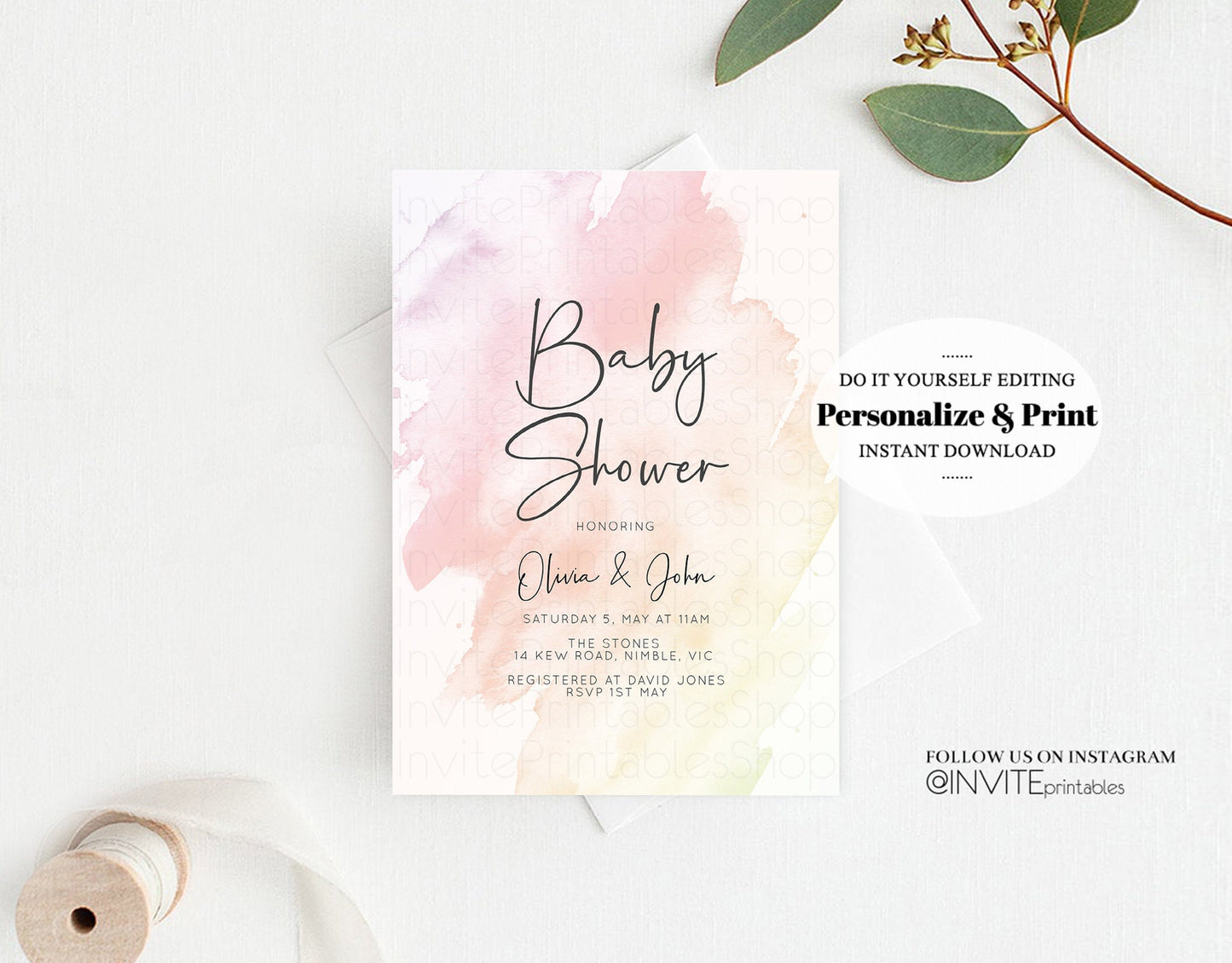 Pastel Pink Baby Shower Invitation Watercolor Ink Gold Glitter Foil Sprinkles Confetti Splash It's a Girl Invite Editable Instant 145