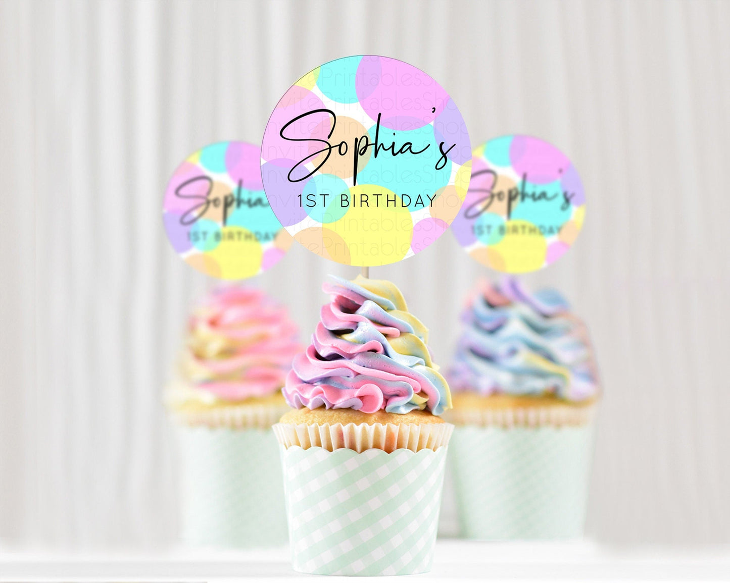 Pastel Cupcake Toppers Pastel Confetti Cupcake Topper Bubbles Sprinkles Colorful Rainbow Confetti Cupcake First Birthday Party Decor D10406