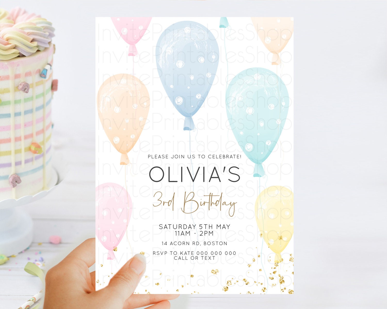 Editable Pastel Balloon Birthday Invitation Rainbow Colorful Glitter Sprinkl