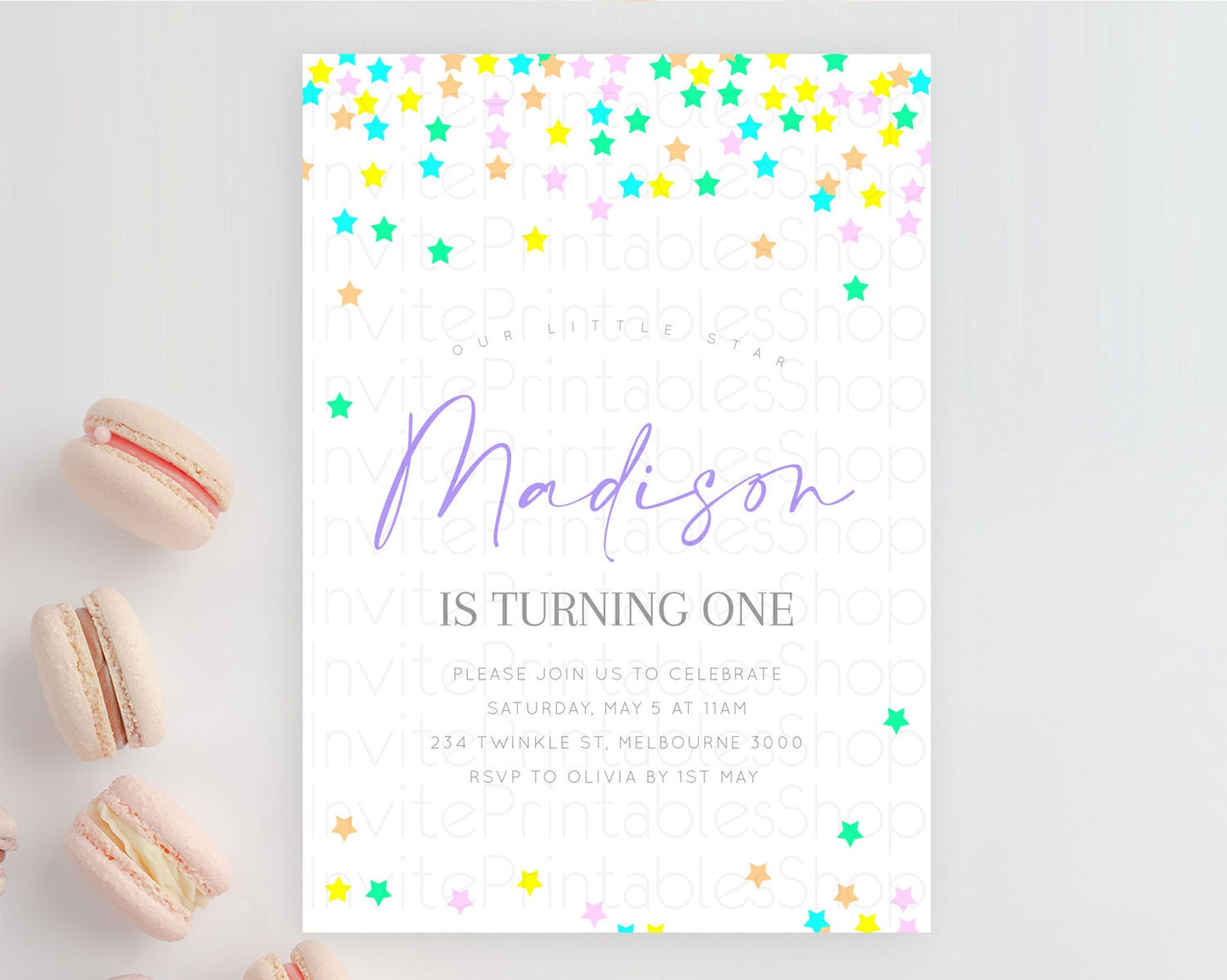 Star Birthday Invitation Pastel Stars Invite Shooting Star Party Rainbow Colorful Confetti Twinkle Little Star 2nd First Birthday D10395