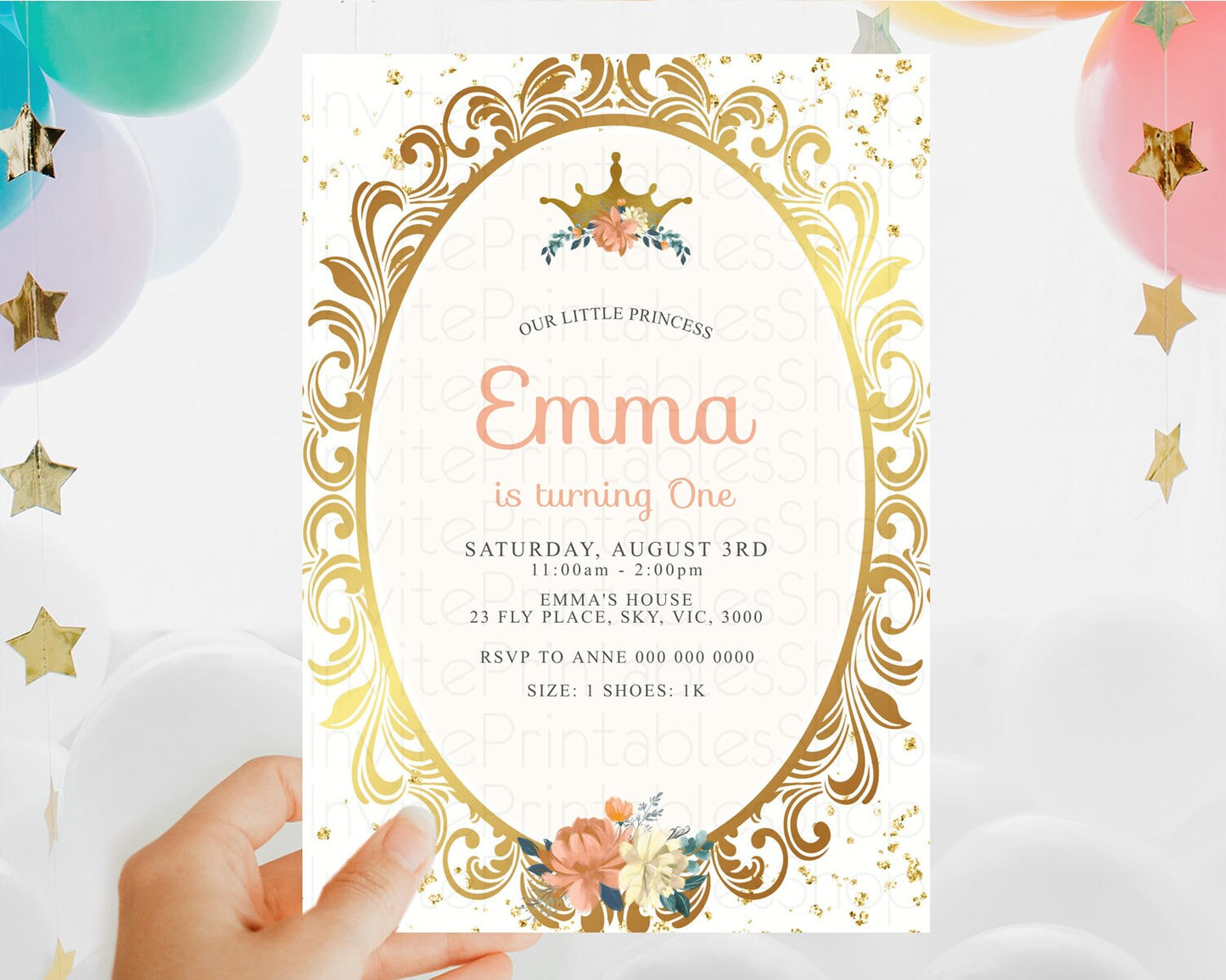 Princess Birthday Invitation Castle Invitation Royal Birthday Fairy Tale Enchanted Mirror Pastel Floral Garden 1st First Birthday D10129