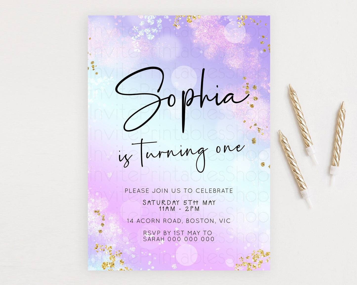 Pastel Birthday Invitation Ombre Watercolor Birthday Invitation Glitter Rainbow Color Splash 1st 2nd 3rd Birthday Invitation D23112