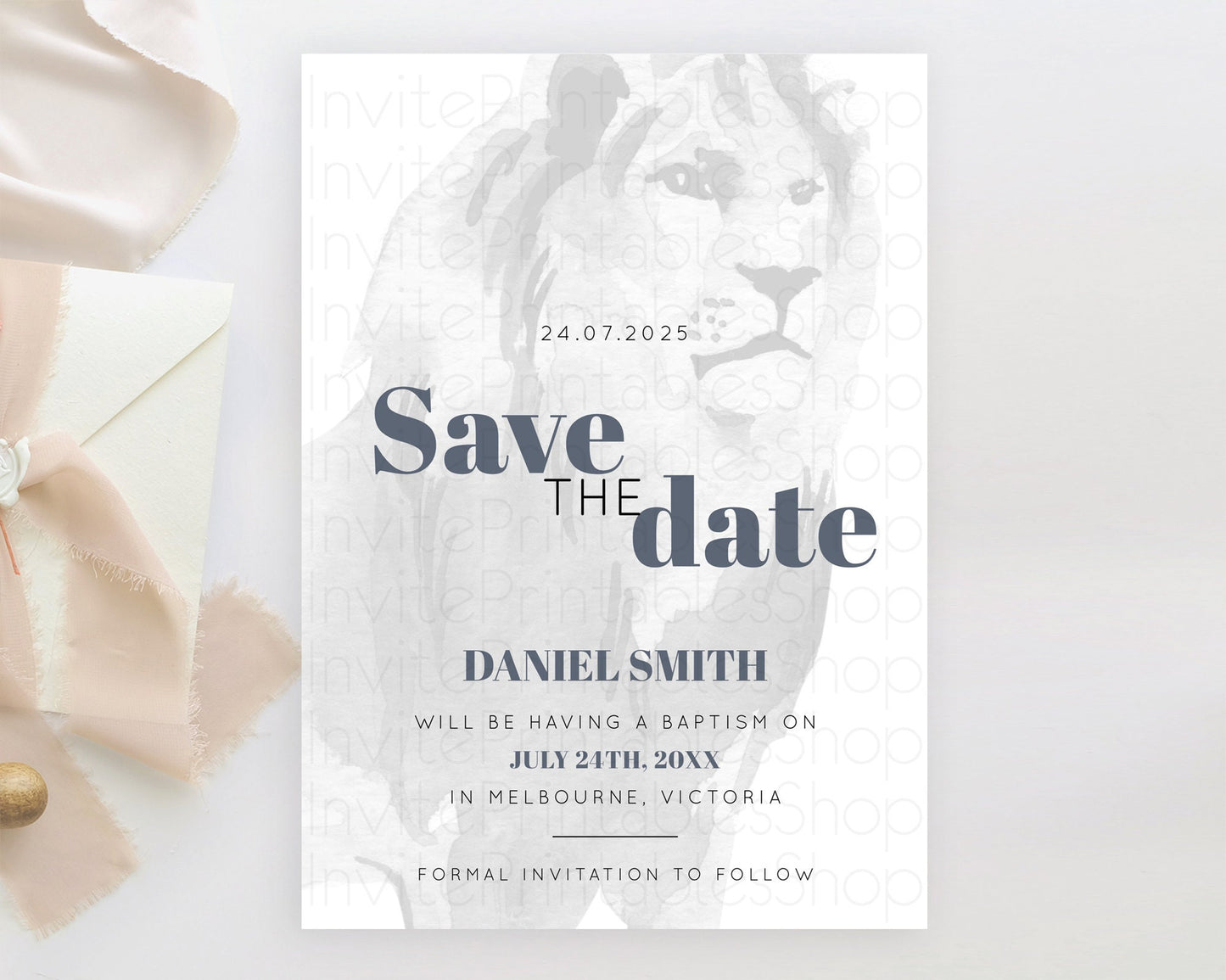 Lion Save The Date Template Lion Safari Adventure Party Dried Palm Ferns Zoo 1st Birthday Baptism Baby Shower Bridal Shower Wedding D10299