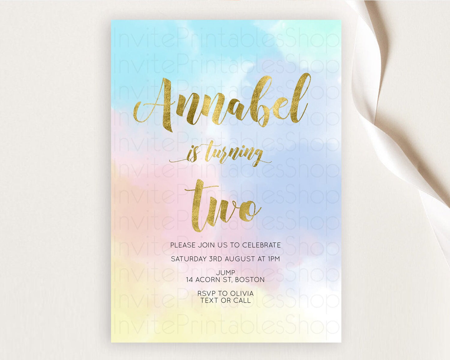 Rainbow Birthday Invitation Colorful Pastel Watercolor Invitation Gold Glitter Sprinkles Ombre Pastel 1st 2nd 3rd Birthday D10892