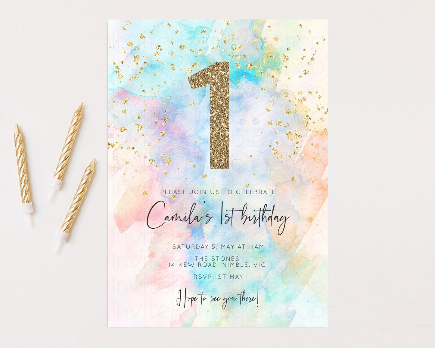 Rainbow Birthday Invitation Pastel Birthday Invite Ombre Colorful Invite Splash Watercolor Invite Glitter Sprinkle Invite 1st 2nd 3rd 276v3