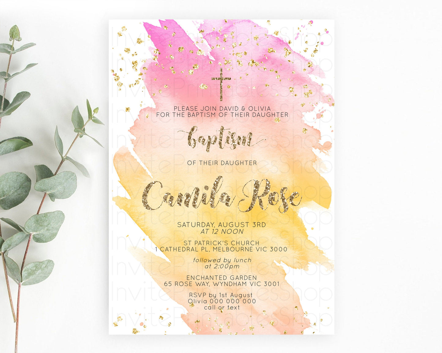 Pastel Baptism Invitation Pastel Colors Watercolor Baptism 1st Birthday Party Gold Ombre Pastel Rainbow Christening Holy Communion D10526