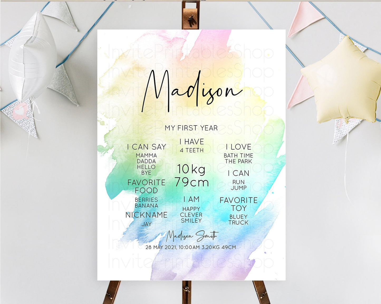 Pastel First Birthday Milestone Board Pastel Rainbow Milestone Poster Colorful Confetti Watercolor Glitter 1st Birthday Welcome Sign D10279