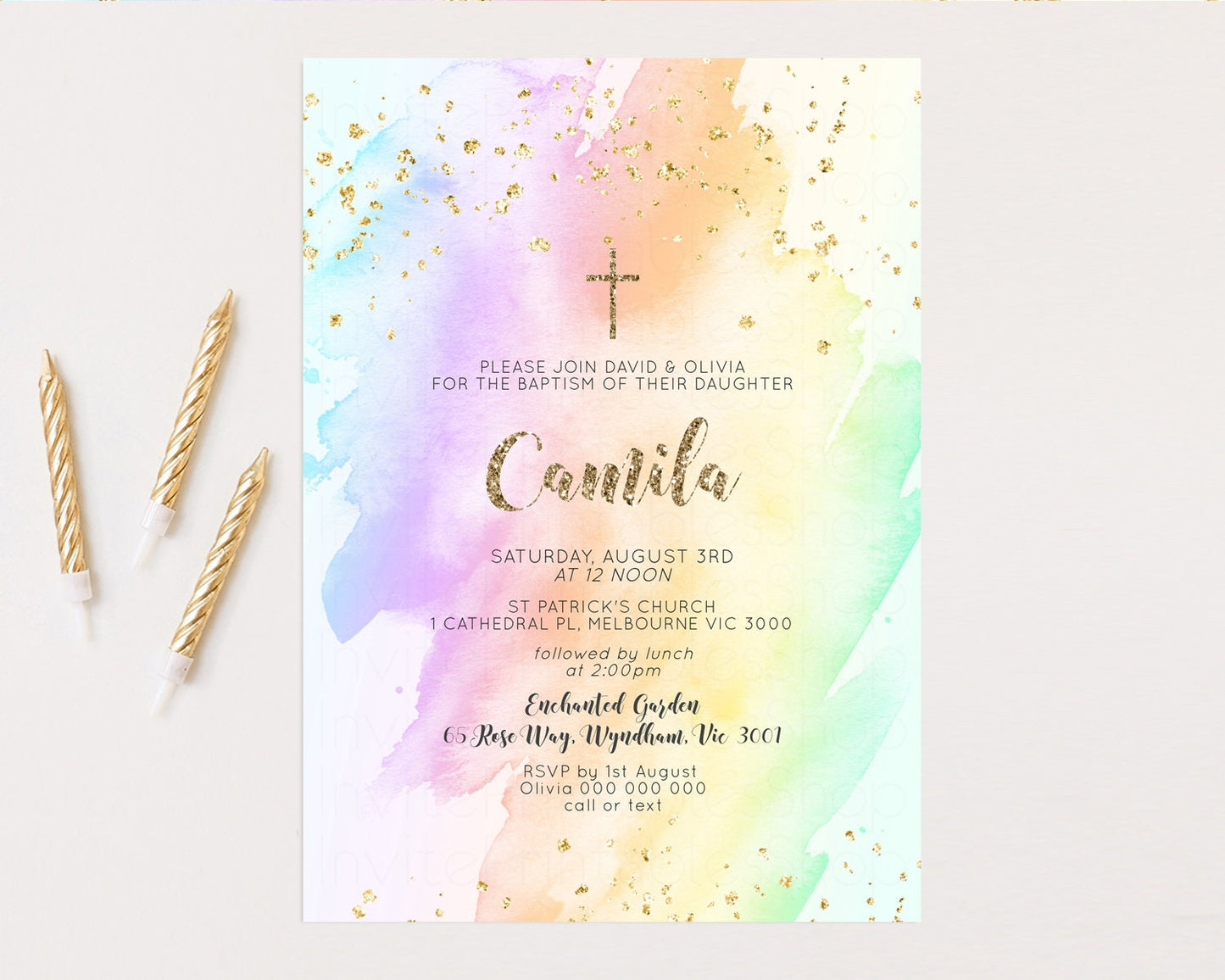 Rainbow Baptism Invitation Pastel Christening Invitation Holy Communion Invitation Glitter Watercolor Splash Invitation Colorful Invite 602