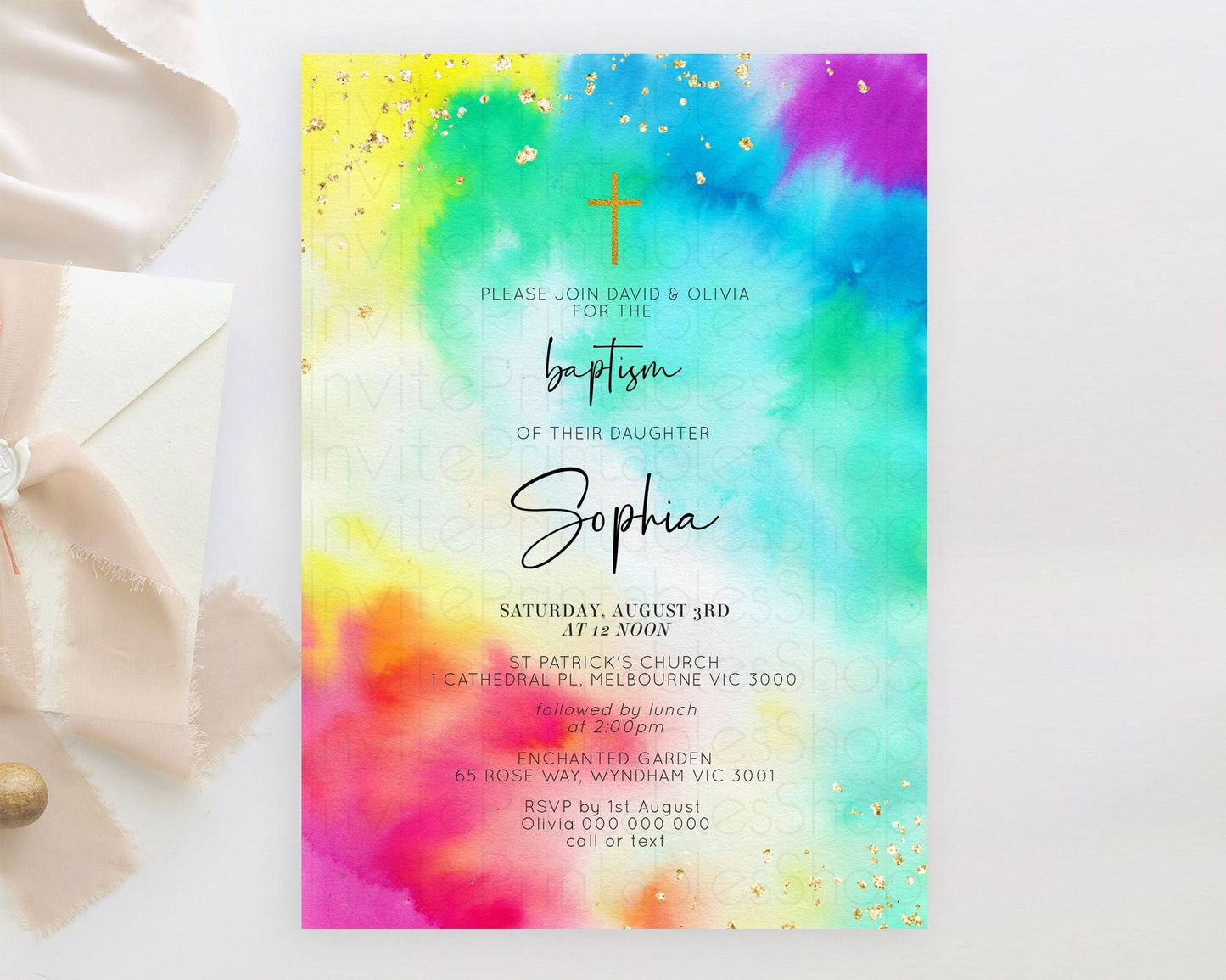 Tie Dye Baptism Invitation Rainbow Baptism 1st Birthday Invitation Pastel Ombre Colorful Christening Invitation Holy Communion D10462