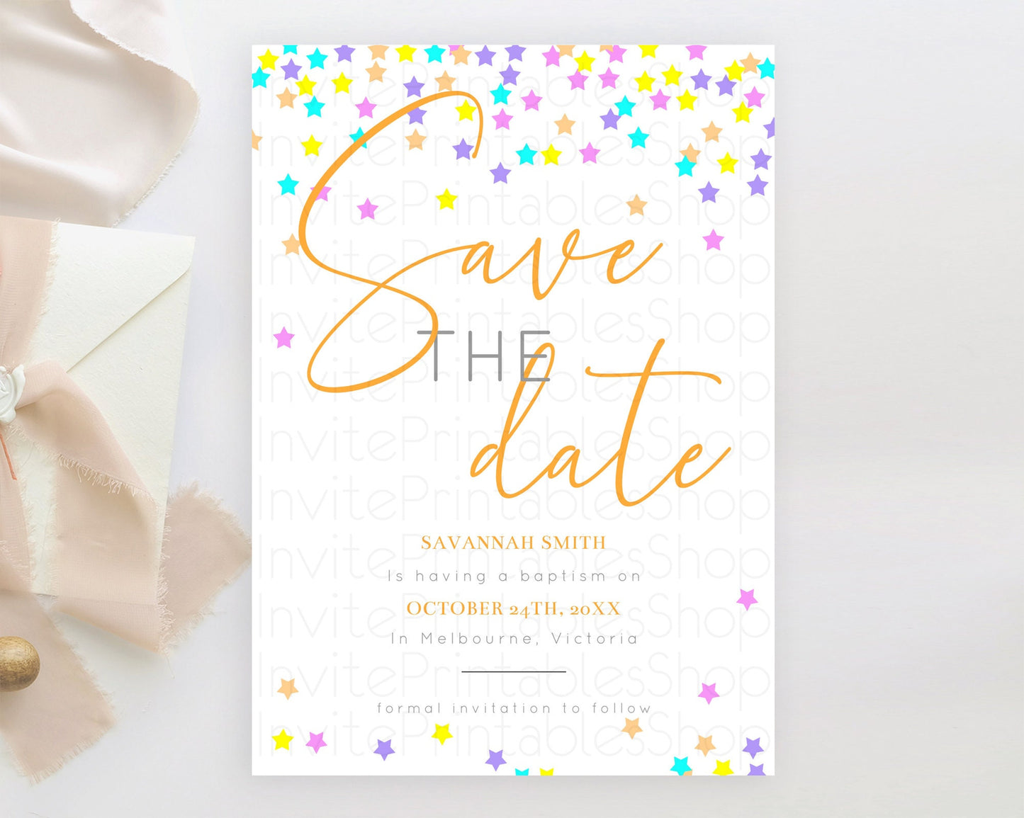 Twinkle Stars Save The Date Template Pastel Twinkle Little Star Party Shooting Star Confetti Sprinkles Birthday Baptism Baby Shower D10397