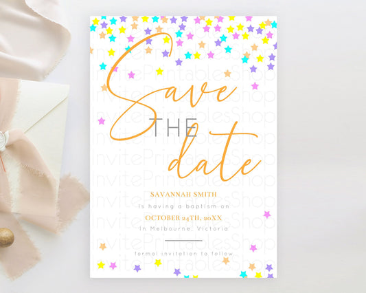 Twinkle Stars Save The Date Template Pastel Twinkle Little Star Party Shooting Star Confetti Sprinkles Birthday Baptism Baby Shower D10397