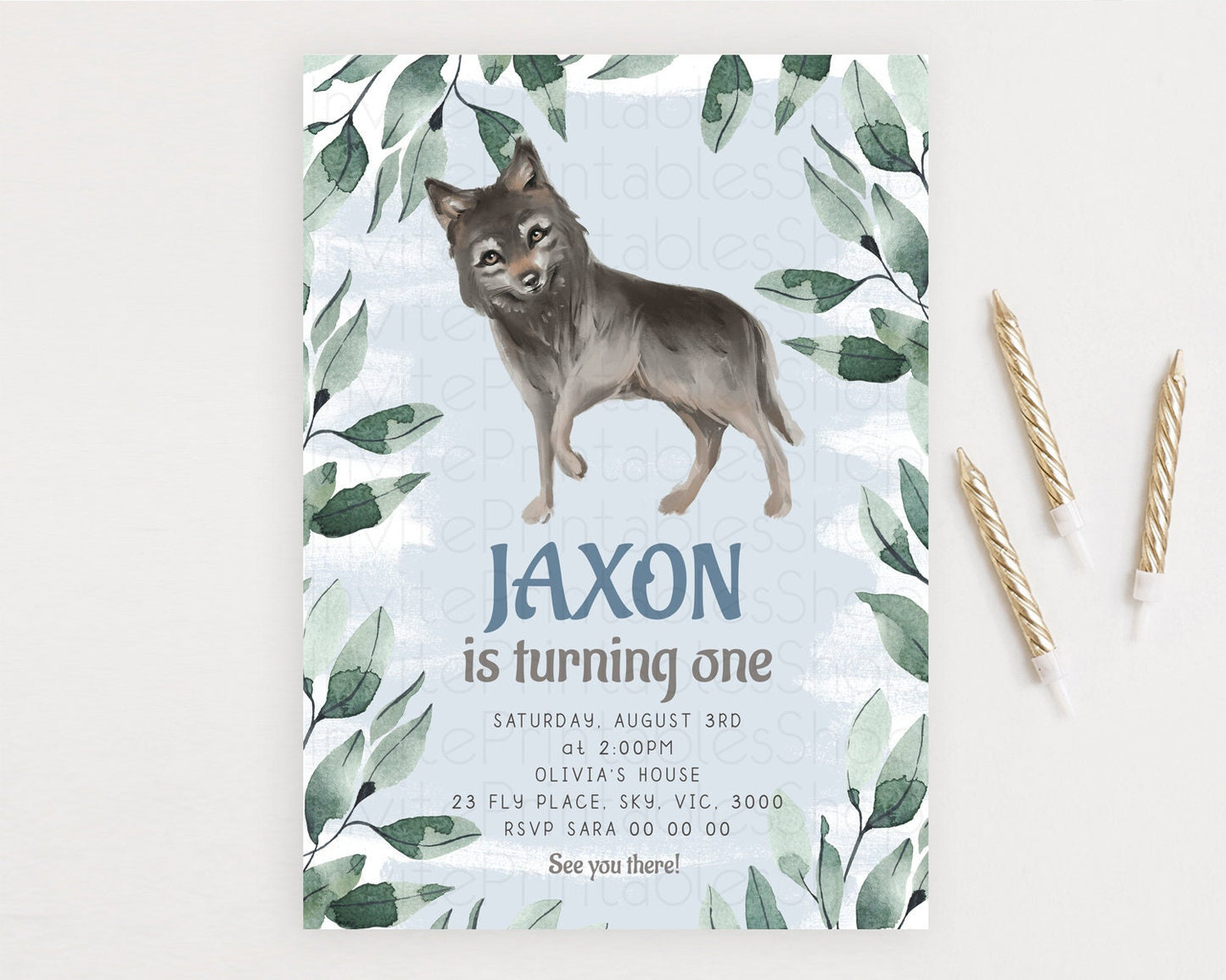 Wolf Birthday Invitation Wolf Invitation Pastel Wolf Birthday Enchanted Forest Woods Wolf Floral Invitation Howling Birthday Party D10142