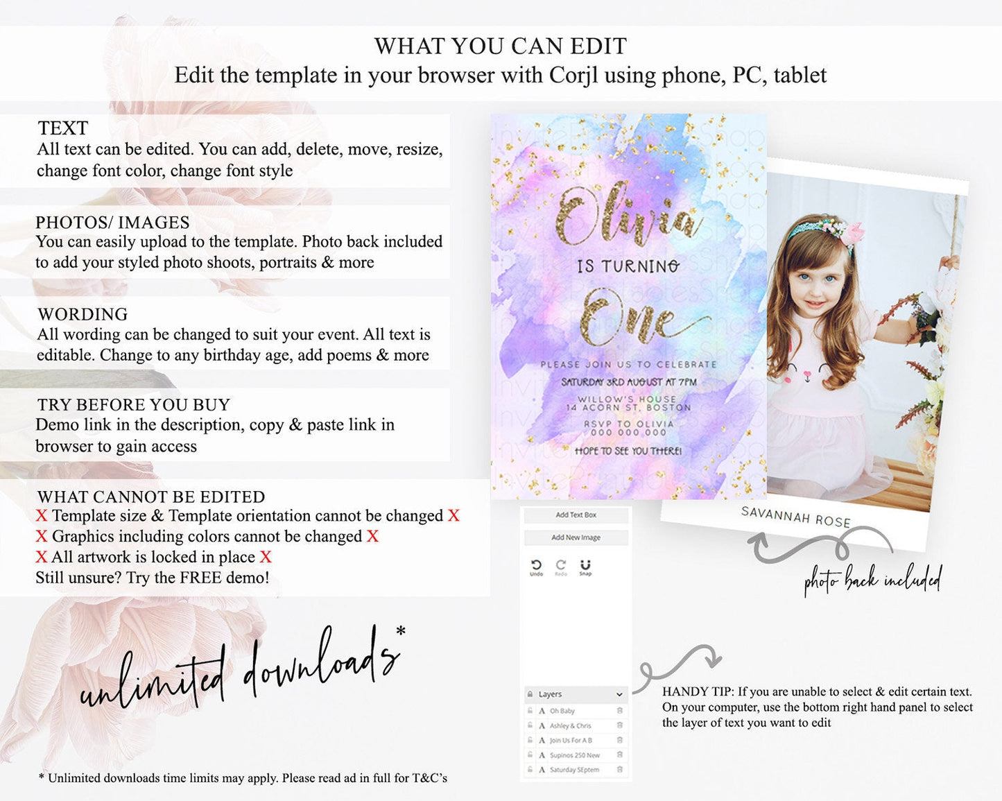 Rainbow Birthday Invitation Colorful Pastel Watercolor Invitation Gold Glitter Sprinkles Ombre Pastel 1st 2nd 3rd Birthday D23296