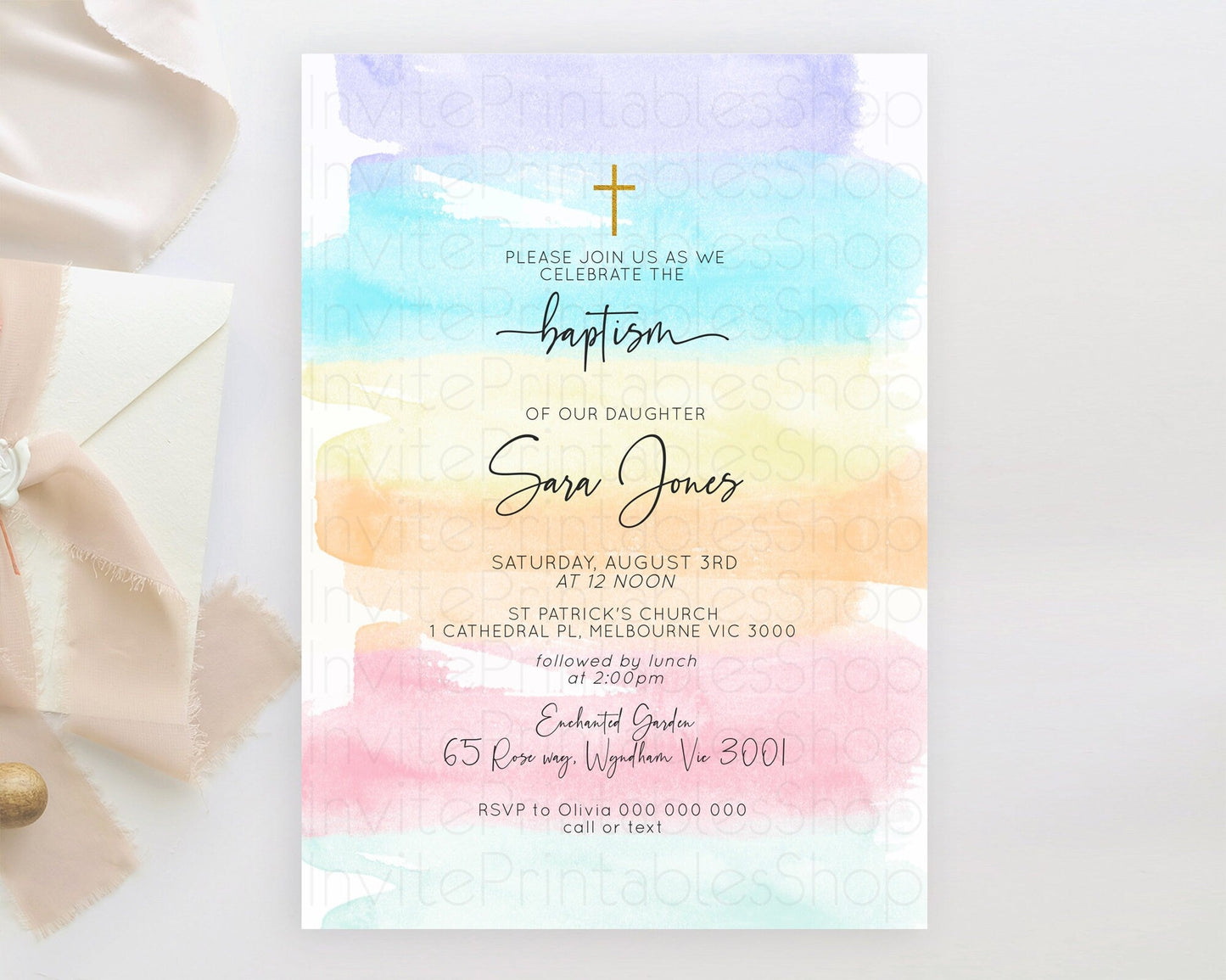Pastel Baptism Invitation Pastel Colors Watercolor Baptism 1st Birthday Party Gold Ombre Pastel Rainbow Christening Holy Communion D10505