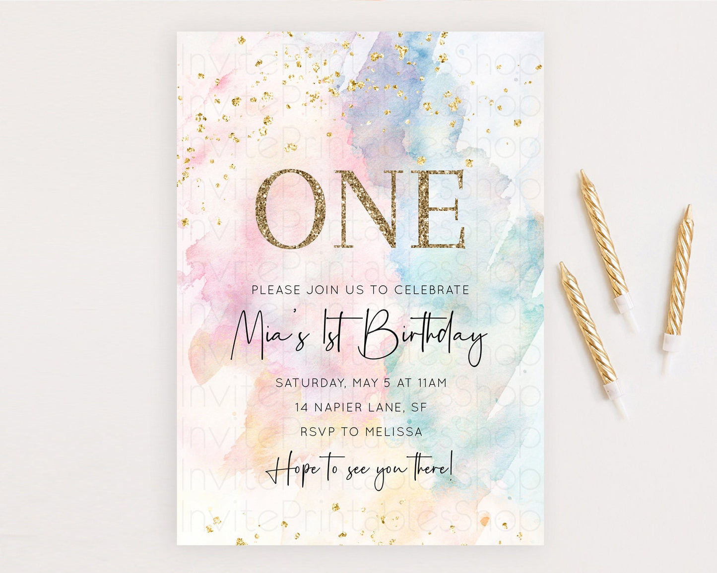 Rainbow Birthday Invitation Colorful Pastel Watercolor Invitation Gold Glitter Sprinkles Ombre Pastel 1st 2nd 3rd Birthday D10263