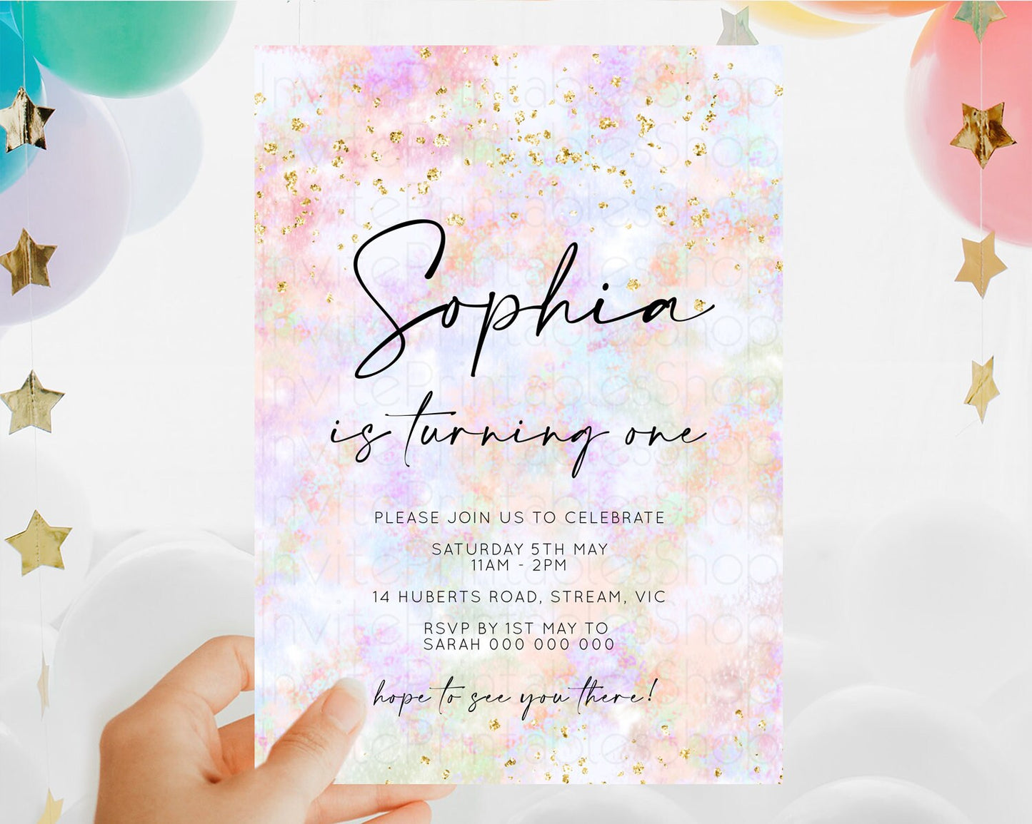 Rainbow Birthday Invitation Colorful Pastel Watercolor Invitation Gold Glitter Sprinkles Ombre Pastel 1st 2nd 3rd Birthday D10649