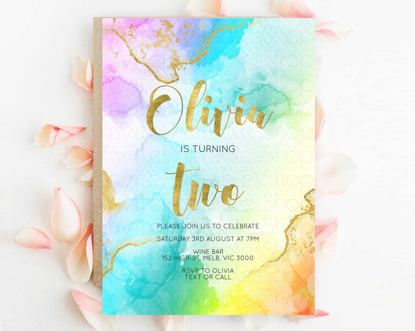 Rainbow Birthday Invitation Colorful Pastel Watercolor Invitation Gold Glitter Sprinkles Ombre Pastel 1st 2nd 3rd Birthday D10392