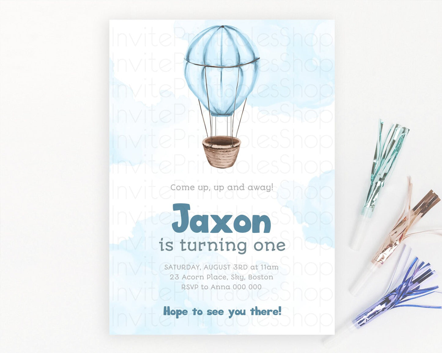 Hot Air Balloon Birthday Invitation Hot Air Balloon Invites Adventure Awaits Up Up & Away Glitter Blue Watercolor 1st Birthday Boy D10321