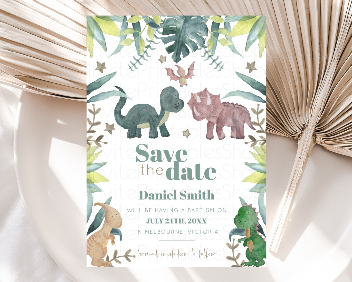 Dinosaur Save The Date Template Dinosaur Volcano Watercolor Volcano T-Rex Raptor Jurassic Party 1st Birthday Baptism Baby Shower D10597