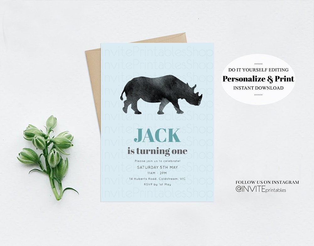 Rhinoceros Birthday Invitation Watercolor Rhino Tropical Palm Jungle Safari Adventure Zoo Party Wild Party Animal Custom Editable Invite