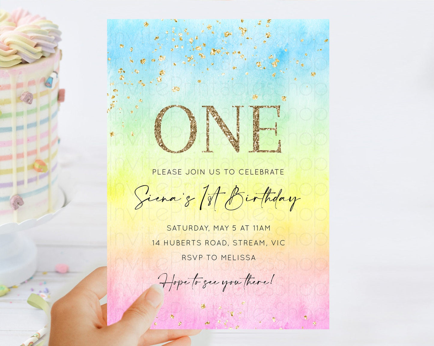 Rainbow Birthday Invitation Colorful Pastel Watercolor Invitation Gold Glitter Sprinkles Ombre Pastel 1st 2nd 3rd Birthday D10483