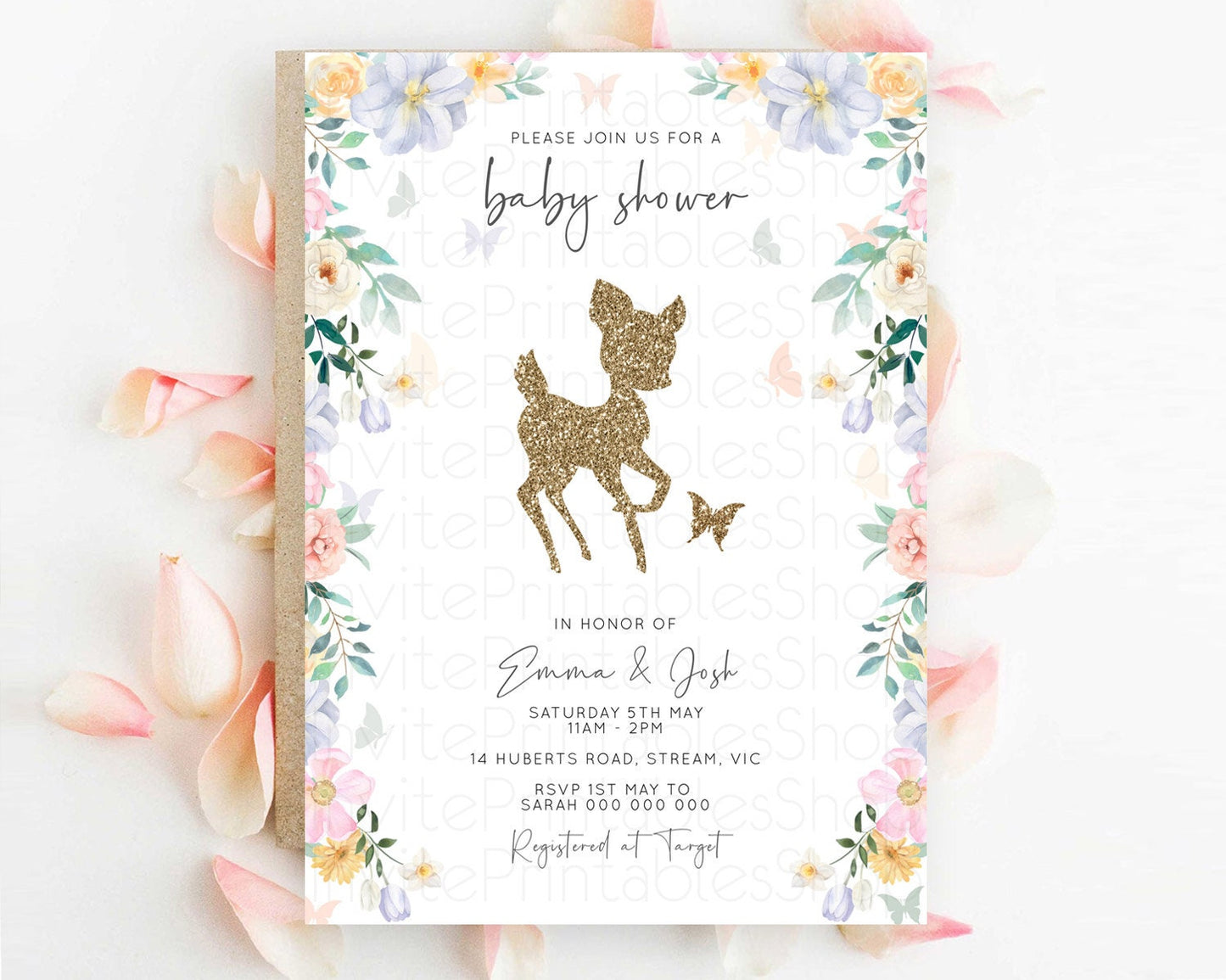 Fawn Baby Shower Invitation Deer Baby Shower Invites Enchanted Forest Theme Butterfly Pastel Flowers Whimsical Baby Shower D10477