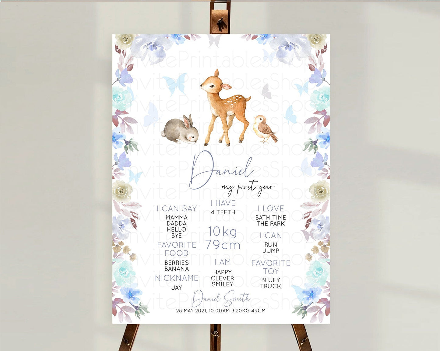 Fawn First Birthday Milestone Board Deer First Birthday Milestone Poster Enchanted Forest Butterfly Pastel Flowers 1st Birthday Sign D10929