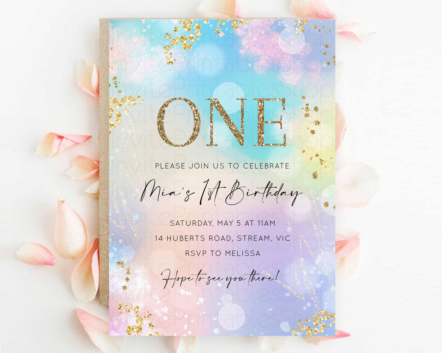 Rainbow Birthday Invitation Colorful Pastel Watercolor Invitation Gold Glitter Sprinkles Ombre Pastel 1st 2nd 3rd Birthday D10675