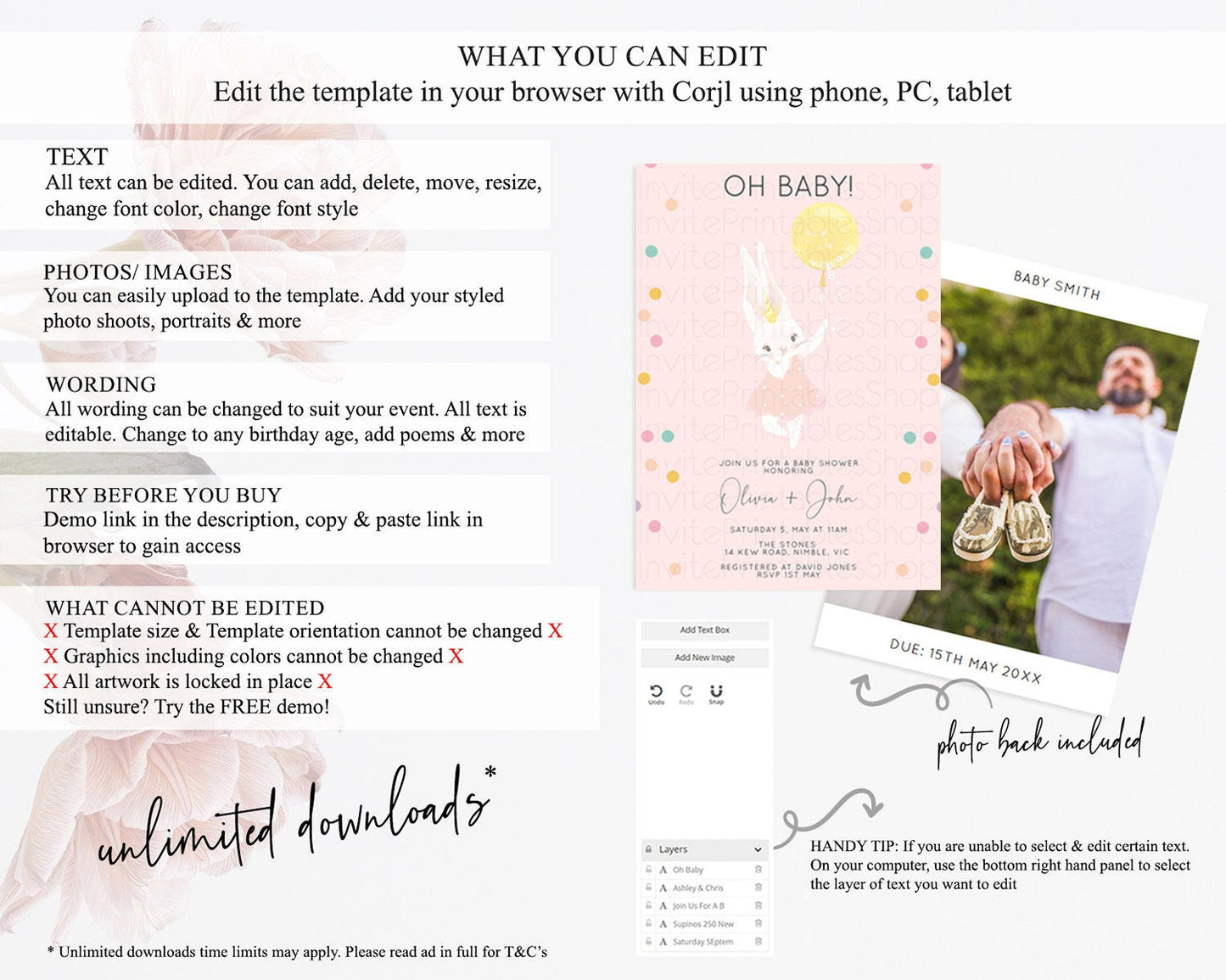 Bunny Baby Shower Invitation, Oh Baby, Cute Bunny Holding Yellow Balloon - Light Pink, Pastel Colorful Confetti - Sweet Pastel Theme D10219