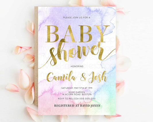 Pastel Baby Shower Invitation Rainbow Baby Shower Invitation Colorful Pastel Watercolor Invitation Gold Glitter Sprinkles Ombre D10216