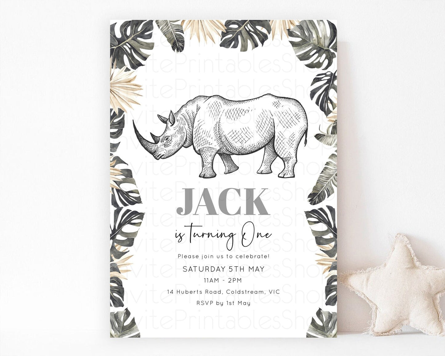 Rhino Birthday Invitation Rhino Invitation Rhino Birthday Rhino Safari Adventure Invite Rhino Palm Leaf Invite Zoo Party D10826